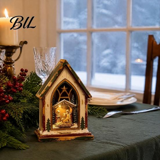 Decorative Church And Sleigh Sets Christmas Wooden Tabletop Decor with Warm LED Lights, 2D Printed Snow Village Scene Light Wood Crafts Santa Reindeer