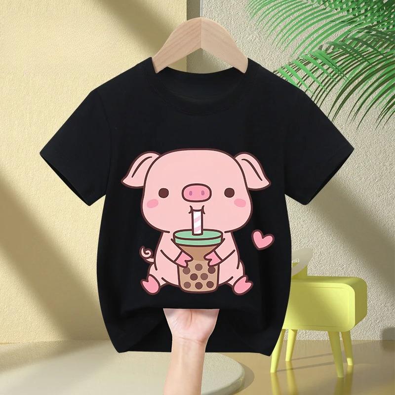 Boys Girls Cute Little Pig Loves Bubble Milk Tea Printed Kids T-shirt Summer Fashion Cartoon Short-sleeved Casual Tops