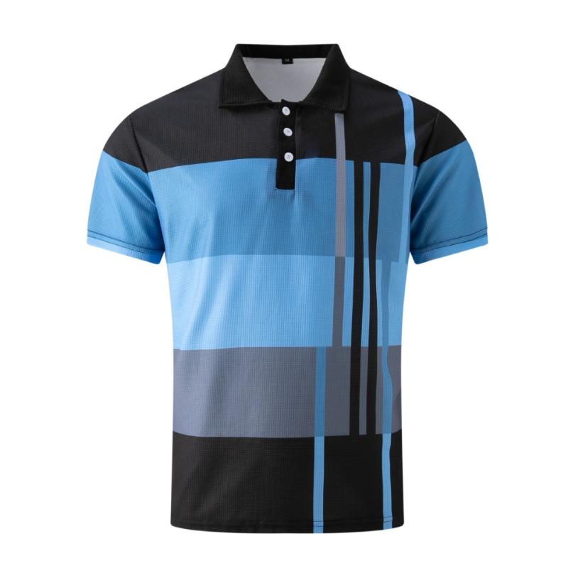 Men Geometric Color Block Short Sleeve Textured Polo Shirt