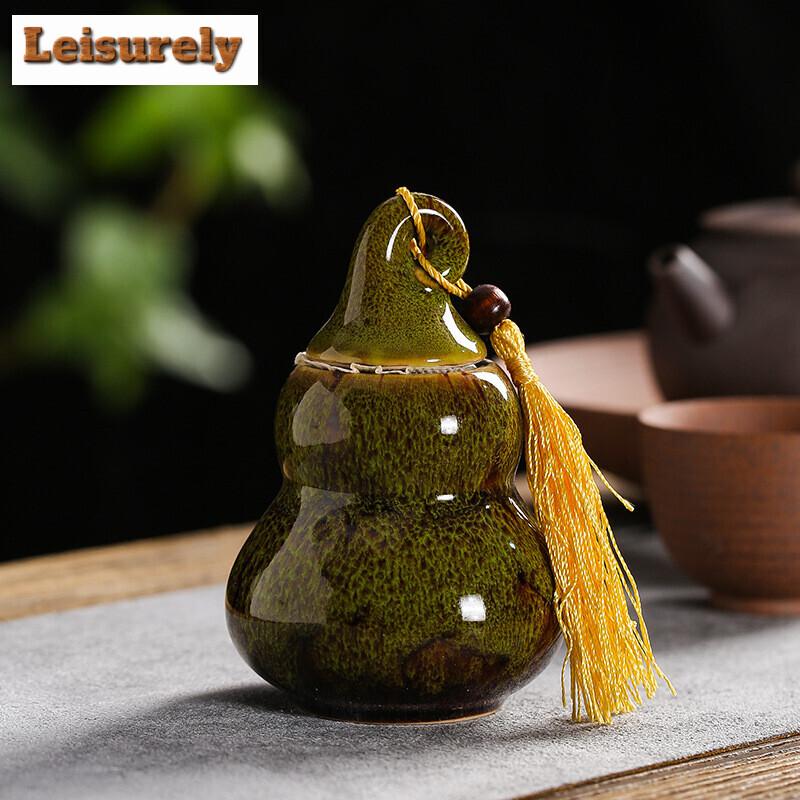 Gourd Tea Caddy Ceramic Portable Travel Tea Box Japanese Vintage Mini Pu'er Tea Storage Box Sealed Jar Container Organizer Cans