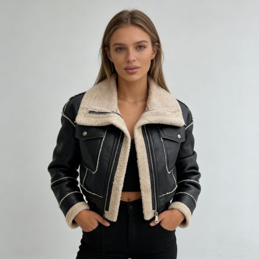 Women's Fall Winter Lamb Wool Short Zip-up Moto Style PU Leather Jacket Coat for European American