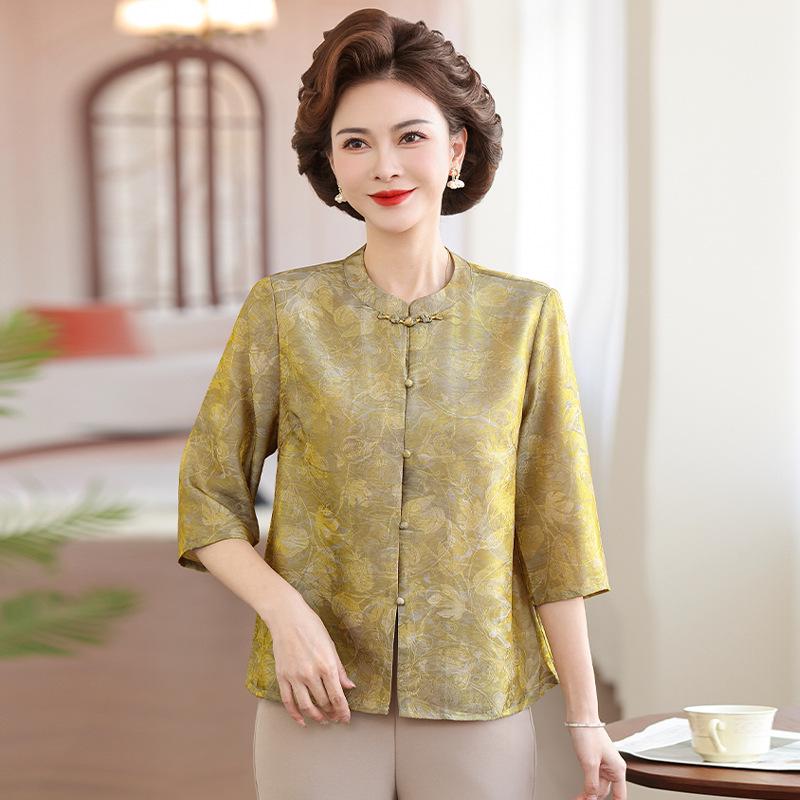 Mom's Summer Seven-Sleeve Loose-Fit Printed Shirt for Middle-Aged Women, Imitation Silk