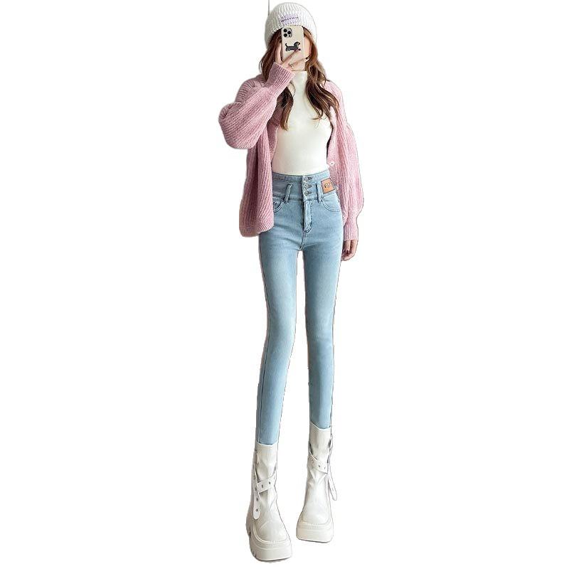 Light blue high-waisted velvet jeans for women's winter, new high-waisted slim-breasted leggings