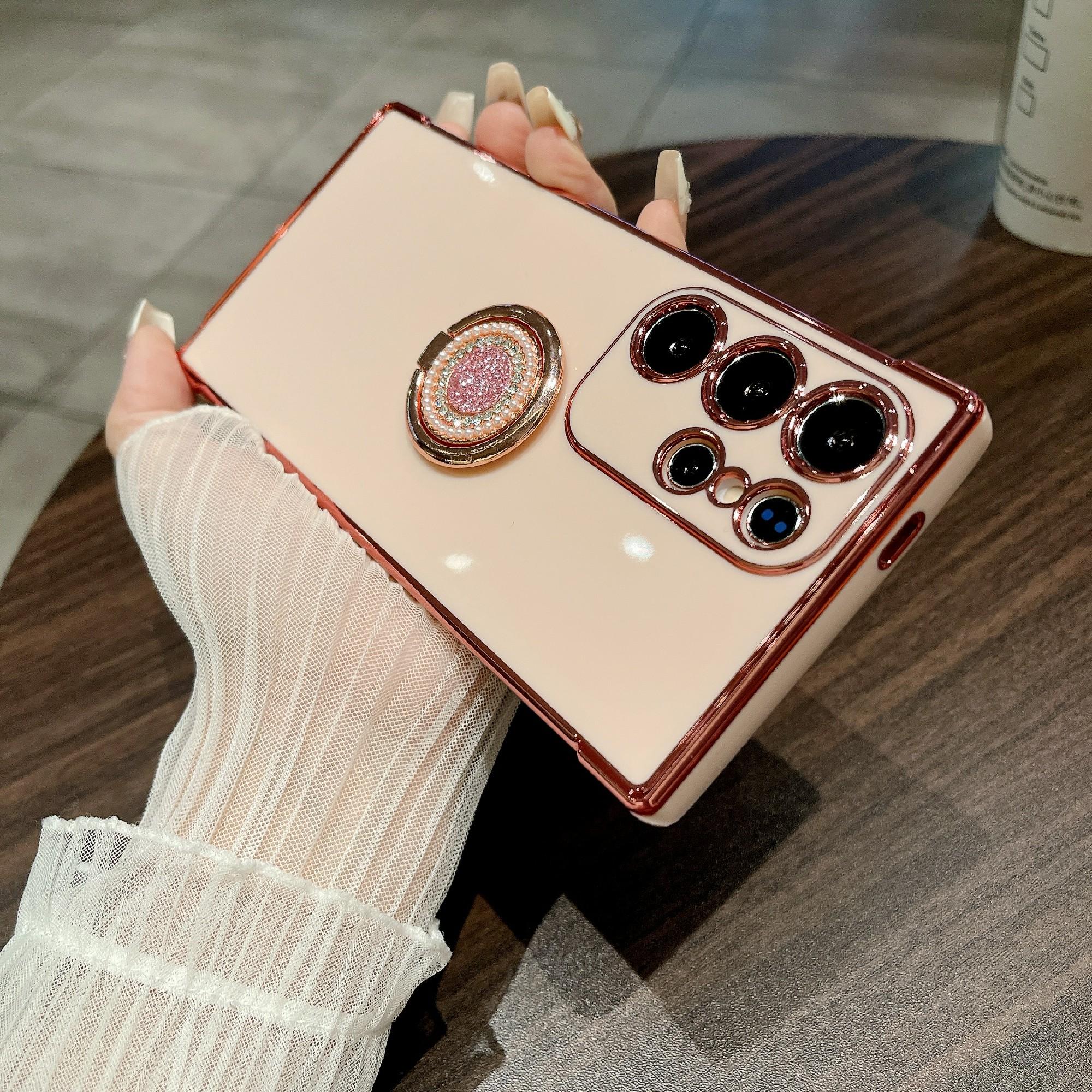 

For Samsung Galaxy S25 Ultra Case with Shiny Kickstand Rose Flower Electroplated TPU Phone Cover Rose Pink