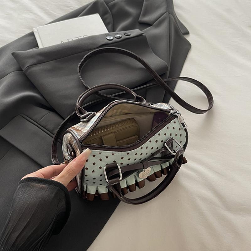Korean Bow Pillow Bag Women Star Checkered Handbag Blue Brown Pleated Edge Shoulder Bag Cute Heart-shaped Pendant Crossbody Bag