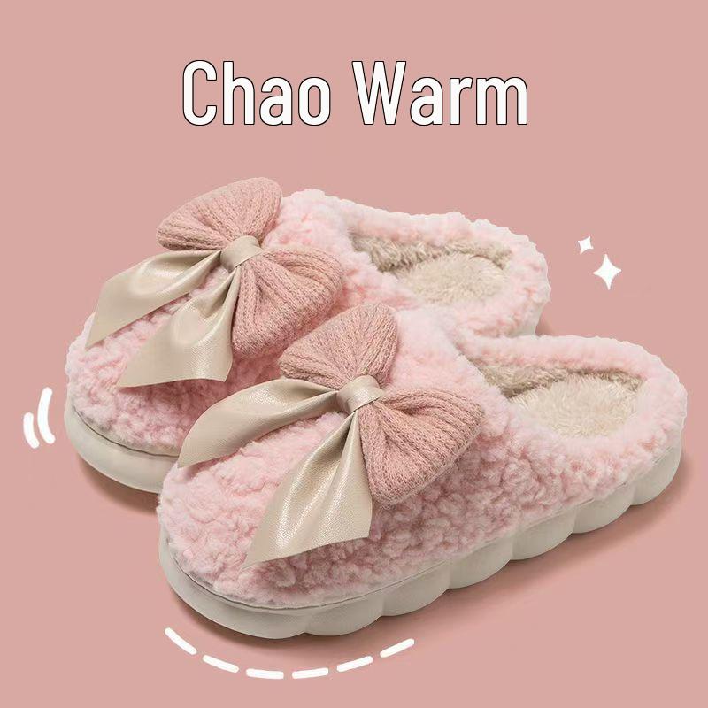 Men's and Women's Plush Bow Cotton Slippers: Cozy Indoor Footwear for Couples