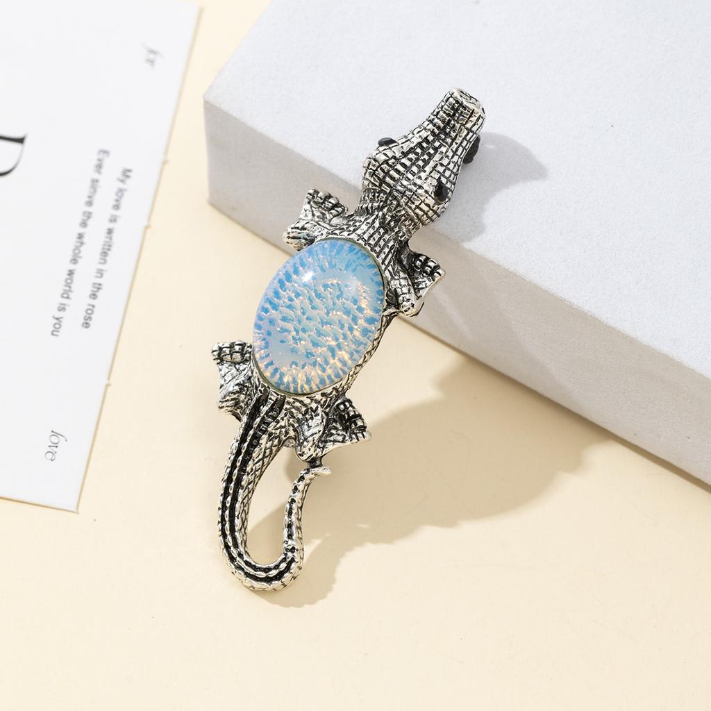 Natural Stone Shell Brooch Crocodile-Shaped Brooch For Elegant Formal Coat Jewelry Accessory 68x22mm