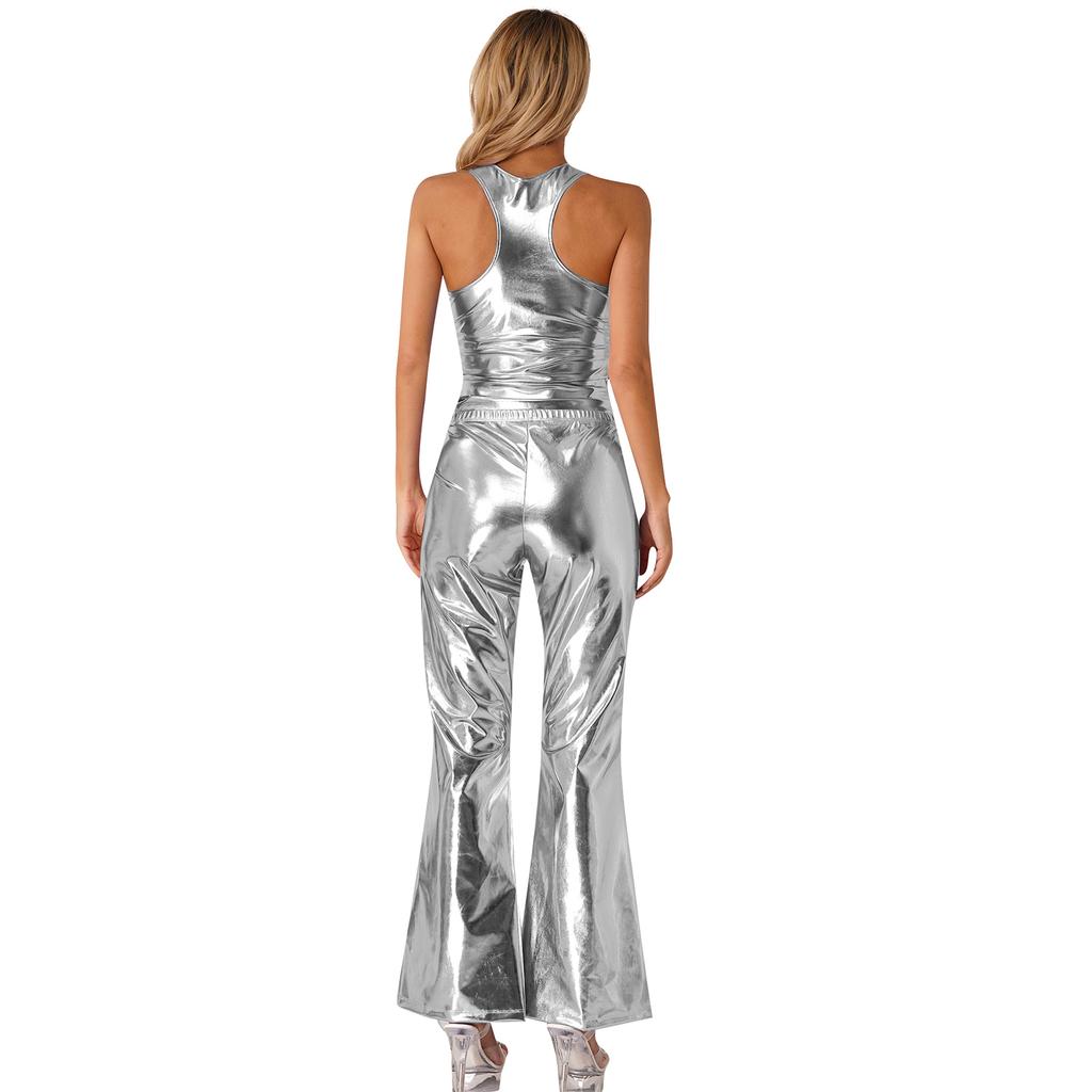 Womens Metallic Shiny Disco Outfit Sleeveless Racerback Tank Top with Flared Pants Elastic Waistband Partywear