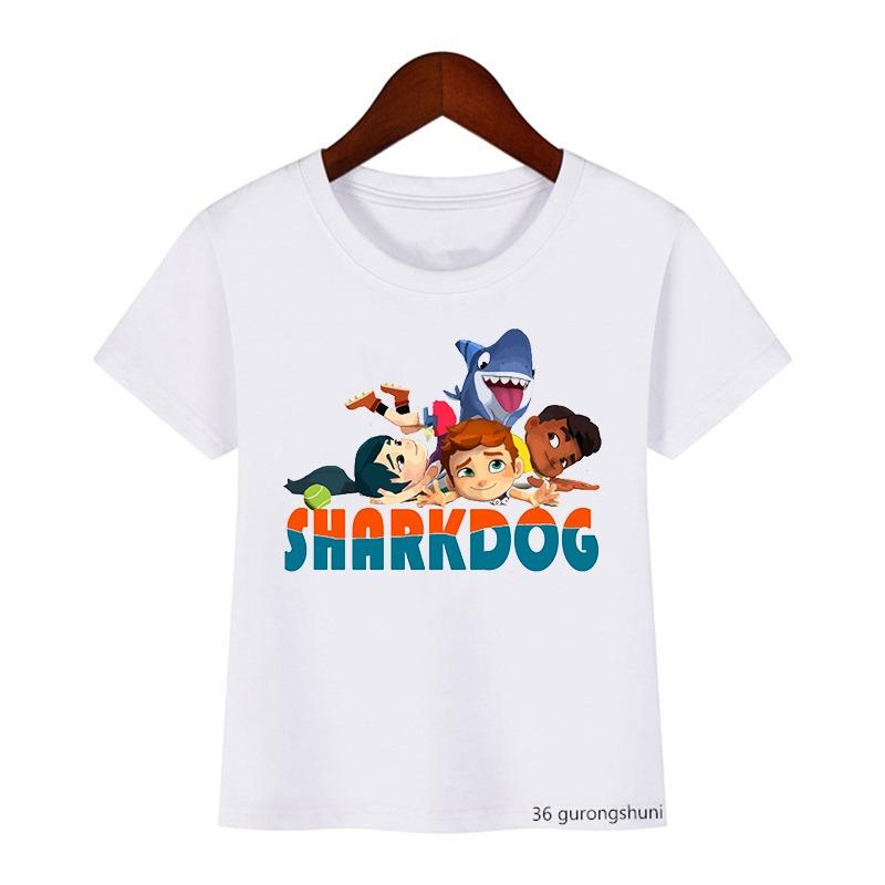 2024 Summer T-Shirt For Kids Funny Sharking With Sharkdog Cartoon Print Children'S Tshirt Boy Clothes White Shortsleeved Tops