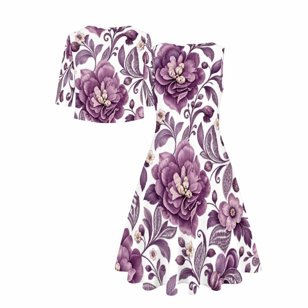 Women Plus Size Two Piece Set Round Neck Sleeveless Flared Dress Mid Sleeve Cropped Cardigan Blue White Floral Printed
