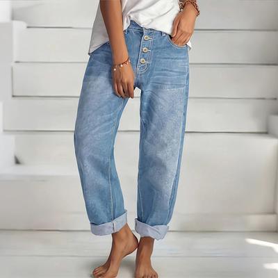 Kadın Yüksek Bel Yıkanmış Kadın Kot Pantolon Moda Çok Yönlü Düz Paça Pantolon