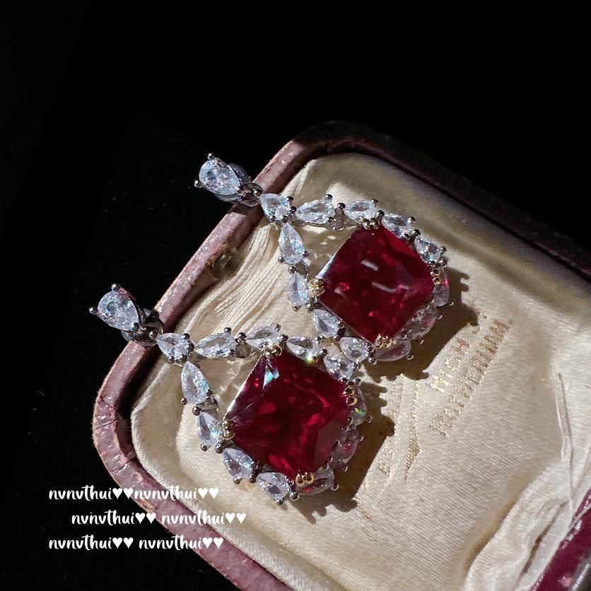 Wine-Stained Rose Drop Gemstone Earrings, Palatial, 18K Gold-Plated, Rubillon Fan-Shaped Zircon Earrings Ring