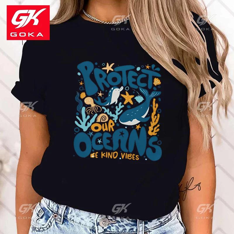 

Premium Cotton T Shirt Hot Protect The Ocean Printed T Shirts for Women Short Sleeve Cute Funny Round Neck Tee Shirt Unisex Tops 3XL