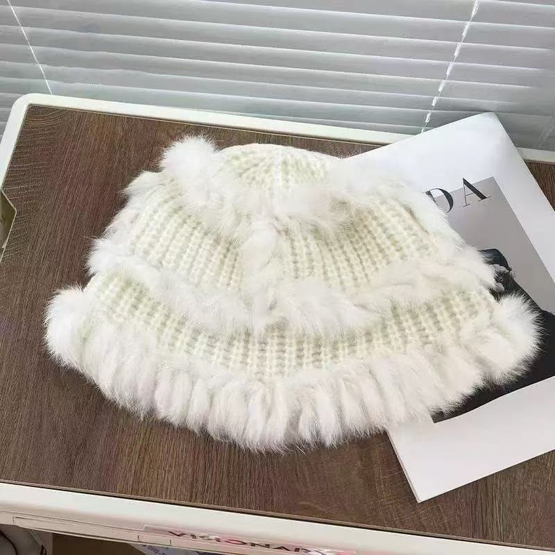 Plush Bag Head Showing Face Small Fur Bucket Hat Bag Face Knitted Hat Women'S Autumn And Winter Warm Wool Hat Cold