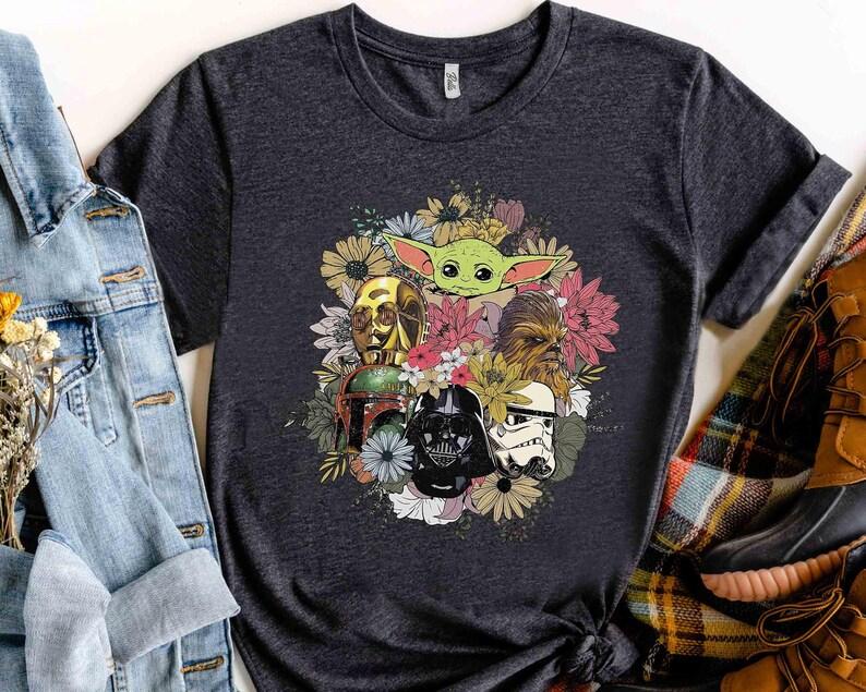 Star Wars Darth Vader Stormtrooper Boba Fett Chewie Floral Retro Shirt, Galaxy s Edge Unisex T-shirt Family Birthday Gift Adult Toddler Tee 120