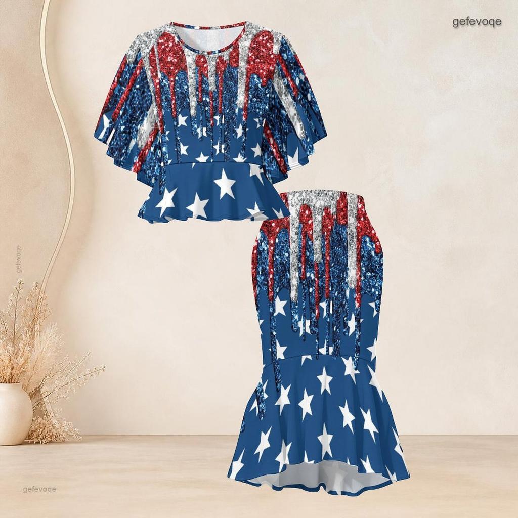 Women Plus Size Camo Printed O Neck Batwing Sleeve Ruffle Hem Top Fishtail Skirt Two Piece Set