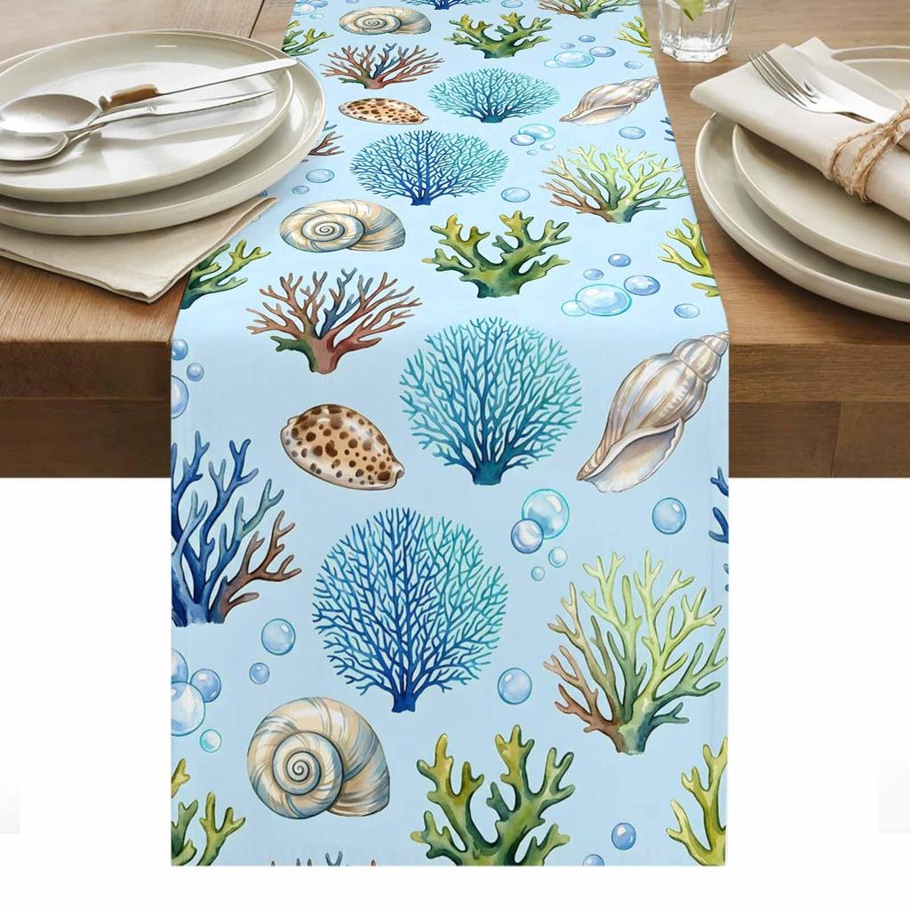 Summer Blue Coral Coastal Linen Table Runner Party Decor Reusable Farmhouse Kitchen Dining Table Runner Wedding Decorations