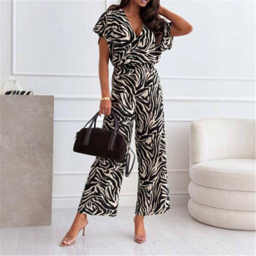 Summer New Fashion Leopard Print V-neck Short Sleeve Wide Leg Jumpsuit for Women