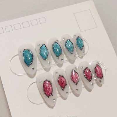 HANDMADE Artificial Nail Almond Blue Rose Eyes of the Earth Cat's Eye Phototherapy Nails Fake Nails Reusable and Removable Nails