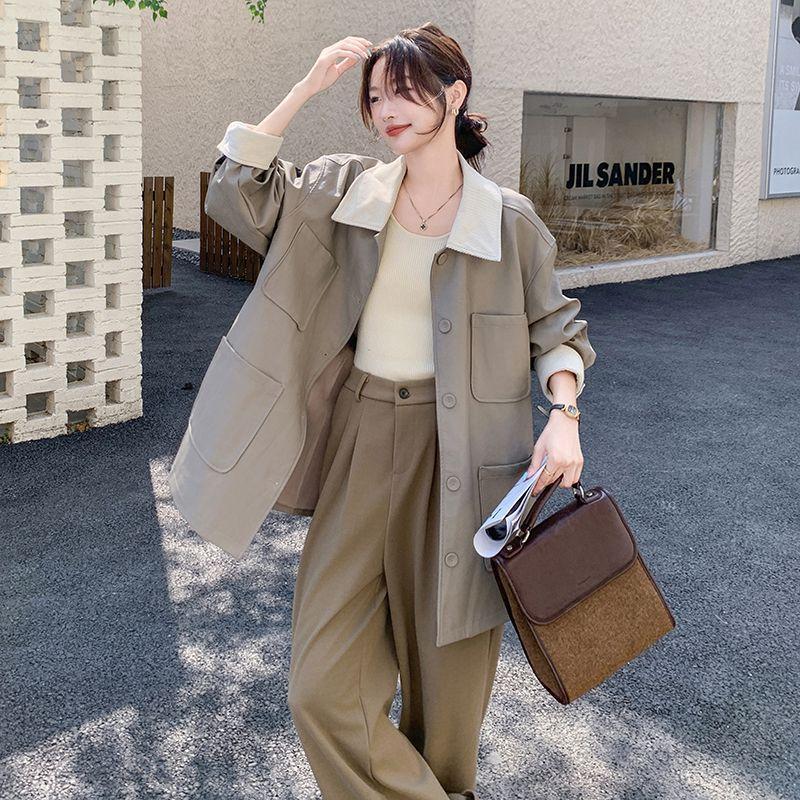 French Casual Corduroy Leather Windbreaker Jacket for Women Autumn New Temperament Age-reducing Top
