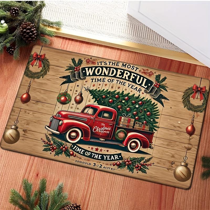 Christmas Pickup Truck with Tree Print Mat, Thick Sponge Anti-Slip Pad, Soft Absorbent Rug for Bedroom Living Room Holiday Decor