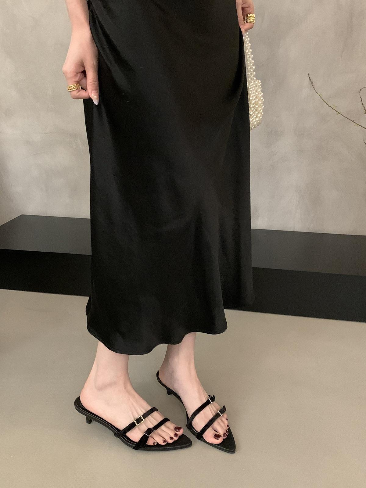 

Bow with slippers, women wear open-toed cool slippers temperament pointed thin heels high heels sandals 35 чёрный