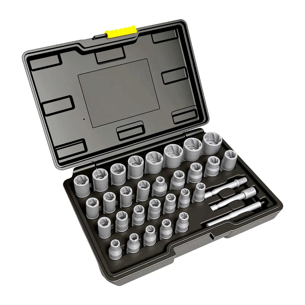 Steel Nut Extractors Set For Stuck Corroded Bolts 150Lb Torques Capacity Nonslip Grooves Design 29 Piece Kit
