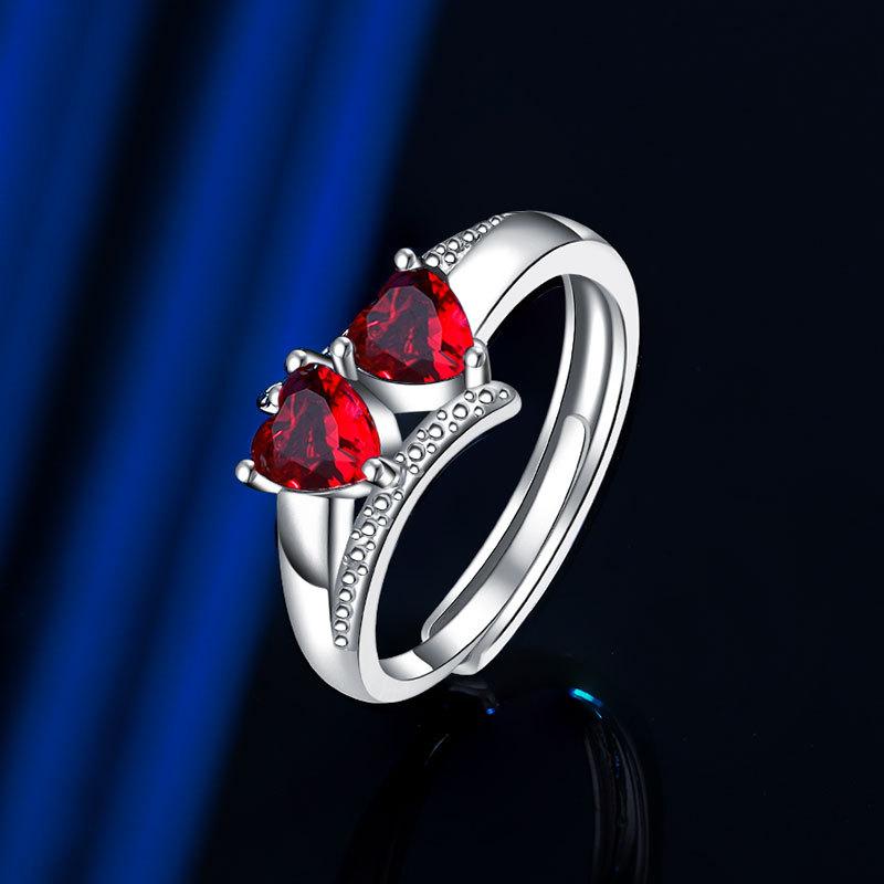Doppelherzförmiger Ring mit rotem Diamanten Ring mit abgeschnittenem Ring Europäischer und N Handschmuck