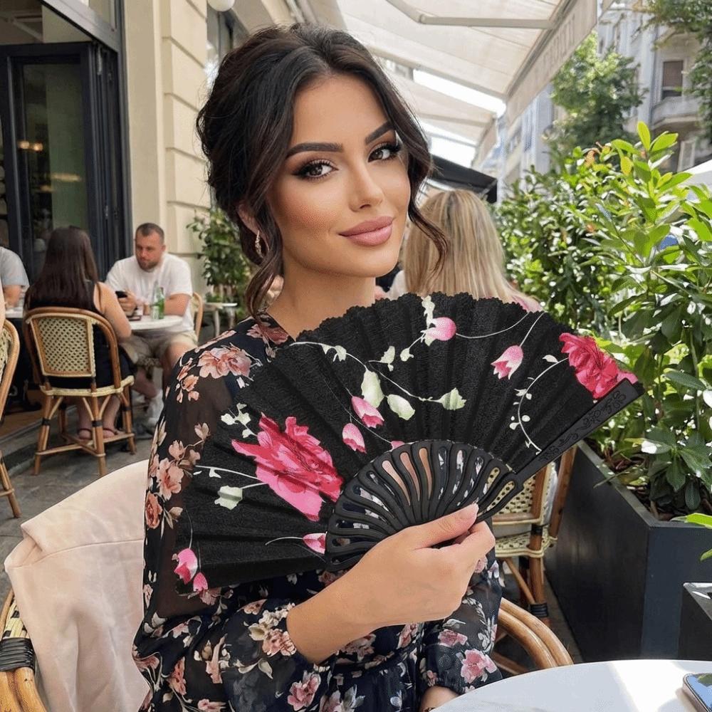 Plastic Rod Folding Fan Hollow Dance Fan Portable Flower Handheld Fan  Woman