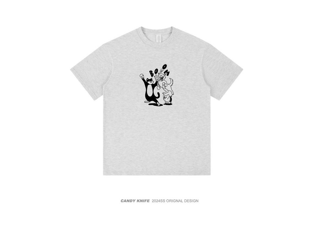 Unisex 2024 Summer Retro Cat Cartoon Boxing T-Shirt, Pure Cotton, Loose Fit
