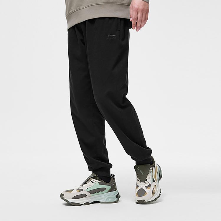 Li Ning Sports Lifestyle Series Solid Color Elastic Waistband Cuffed Knitted Sports Pants Men Pants Black AKLT249-1