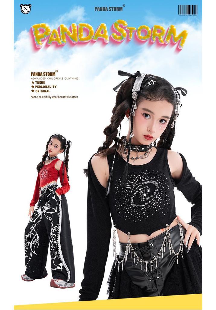 Girls' Trendy Sequin Rhinestone Dance Set: Long Sleeve T-Shirt and Pants for Street Dance Performance