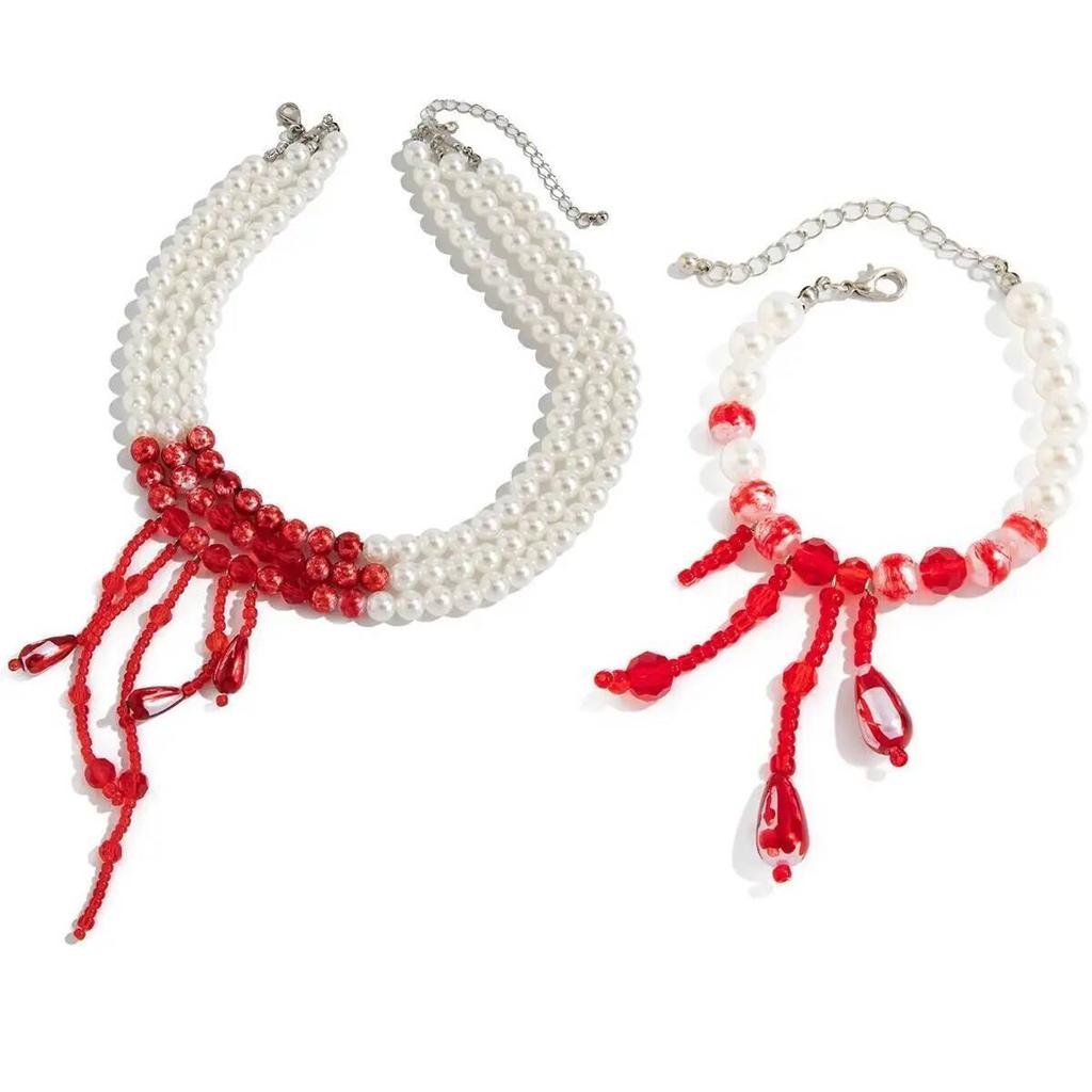 SHIXIN Retro Red Crystal Imitation Pearl Choker Necklace Bracelet Jewelry Set Women Sexy Gothic Party Halloween Accessories