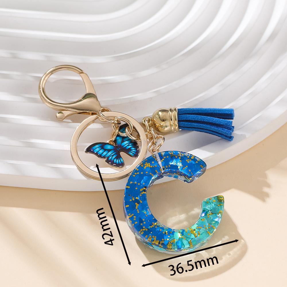 1pc Alloy Alphabet Initial Keychain Royal Blue Butterfly & Tassel Letter Keychain for Backpack Charm Accessory Key Ring Findings