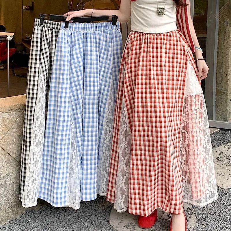 High-Waist A-Line Plaid Skirt with Lace Trim, Plus Size