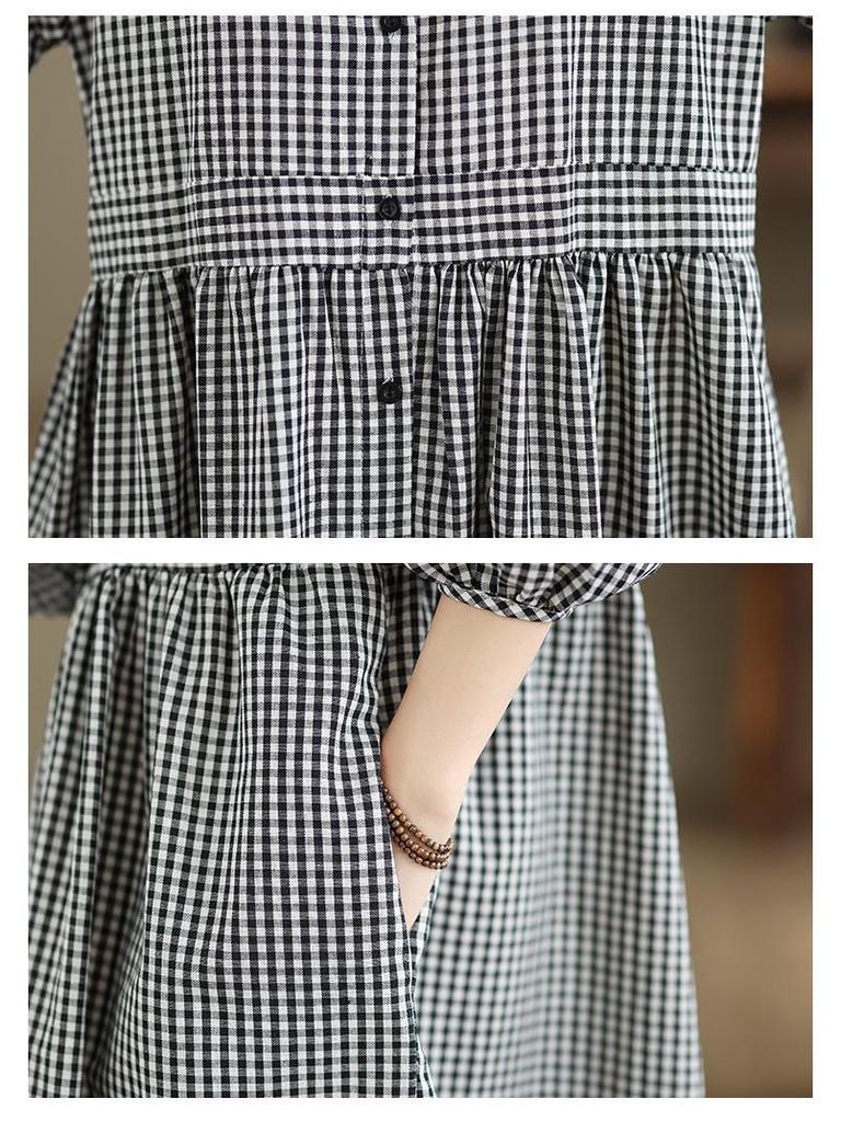 Spring Plaid Linen Dress: Women's Retro Long Sleeve Design Skirt