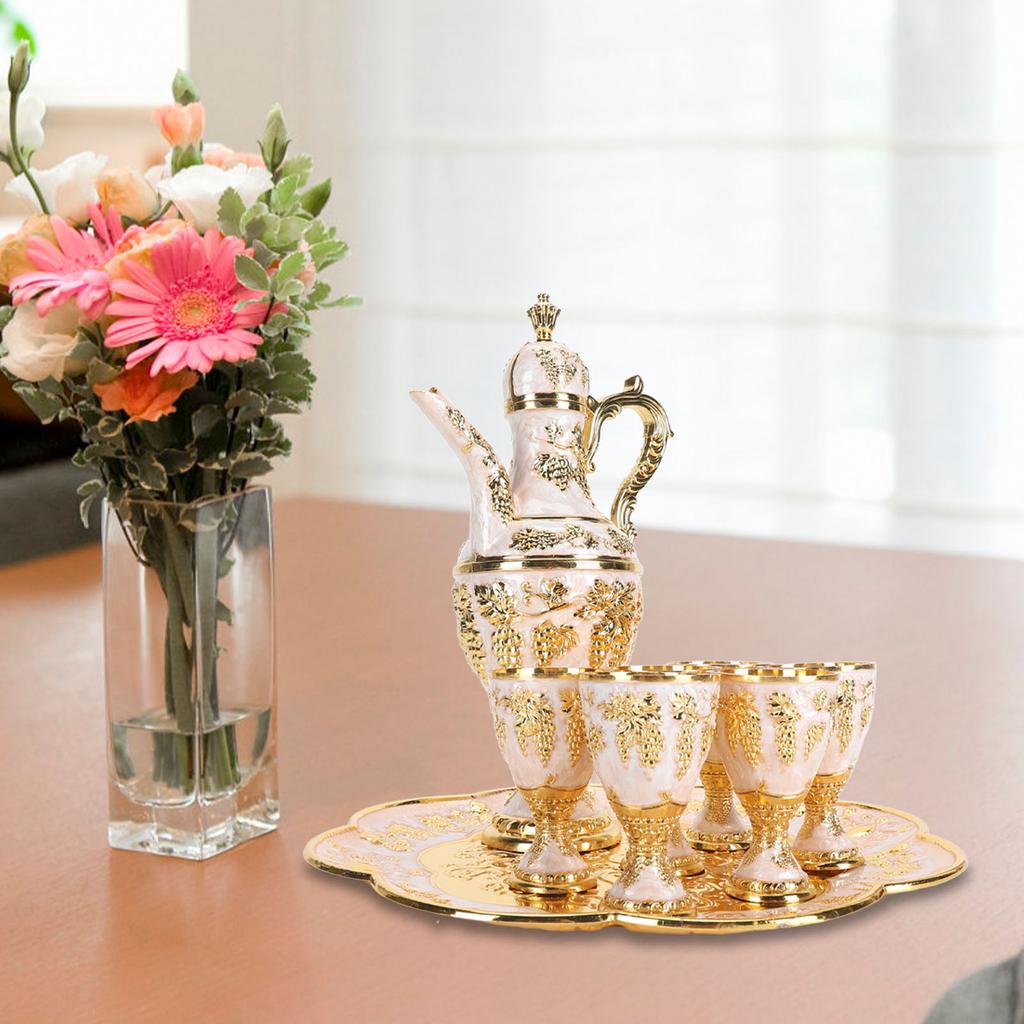 Turkish Coffee Pot Cup Set Vintage Exquisite Elegant Metal Tea Pot Set with 6 Cups for Tea Table Decor Wedding Present Gold White