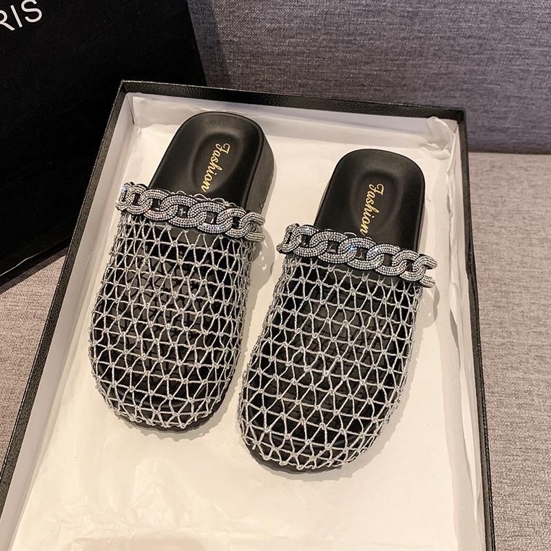 Fashion Summer Women's Slippers Flat Breathable Round Toe Rhinestones Women's Mules Mesh Fashion Outdoor Beach Shoes Zapatillas De Mujer