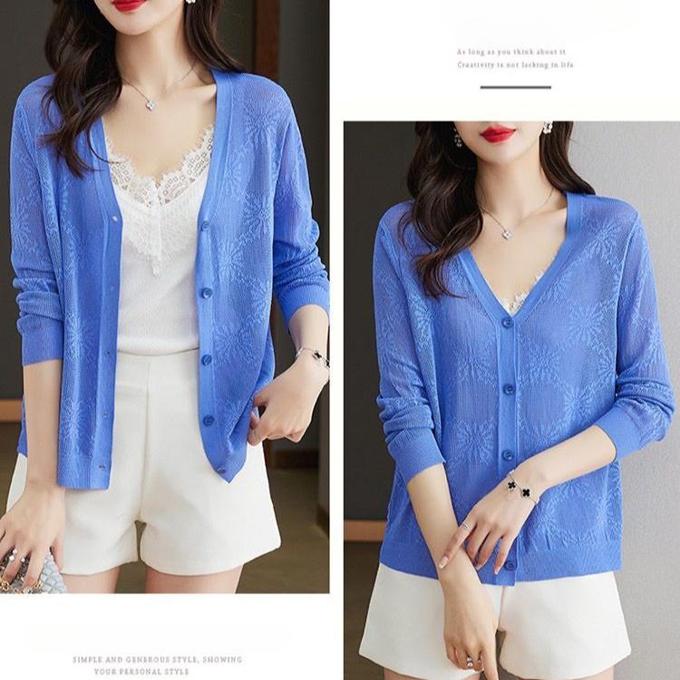 Letní dámská ledová hedvábná pletenina krém na opalování volný pletený kardigan tenká pletená bunda s výstřihem
