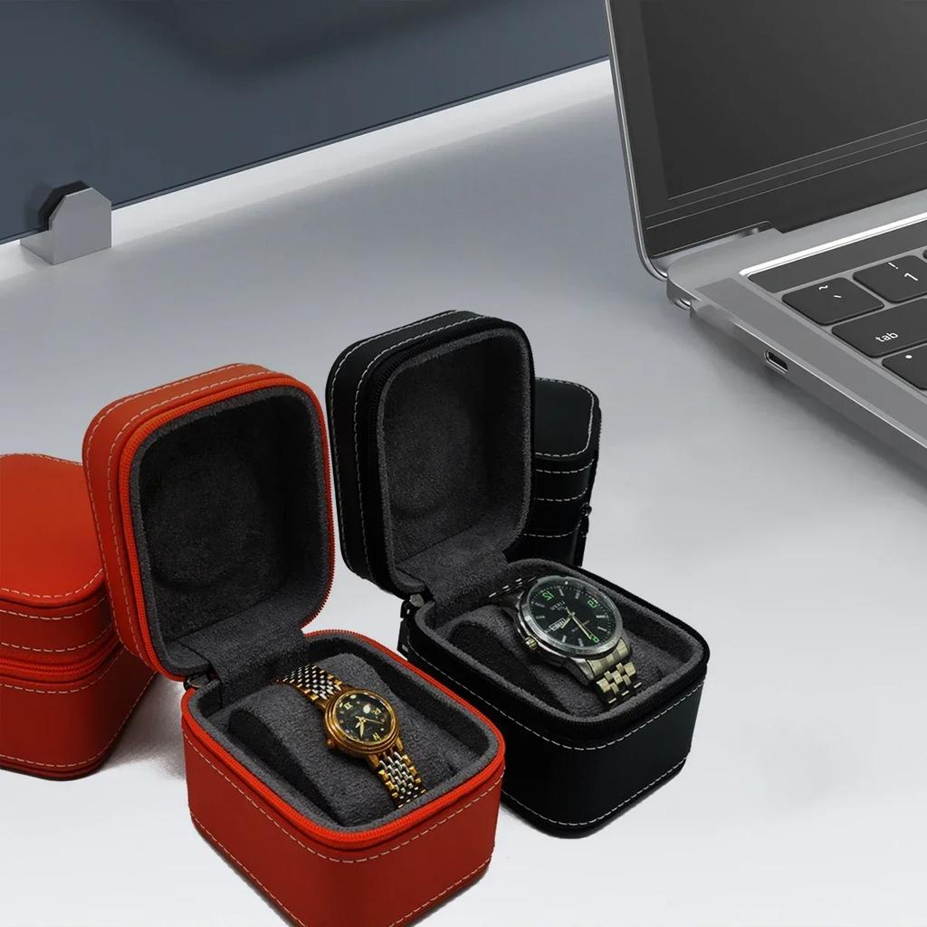 Einzelne Uhrenbox PU-Leder Uhren-Reiseetui mit herausnehmbarem Kissen Schmuckaufbewahrungskoffer Organizer Tragbare quadratische Uhrenbox