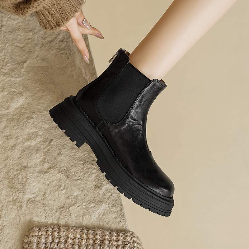 Krazing Pot Sheep Skin Round Toe Winter Med Heels Chelsea Boots Women Zipper Retro Fashion Platform Ankle Boots