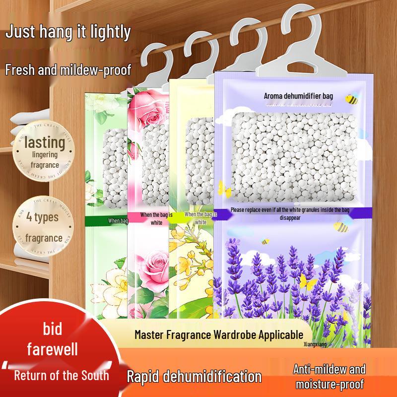 Floral Scent Hanging Dehumidifier Bag: Moisture & Odor Absorption, Mildew Protection for Wardrobes & Damp Spaces.