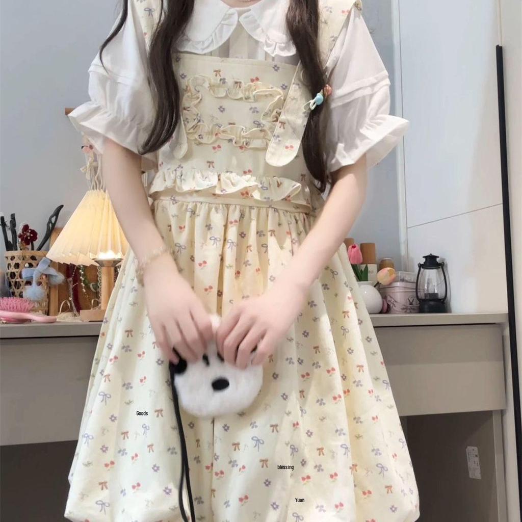 Summer Sweet Floral Suspender Dress & White Collared Shirt Set for Students