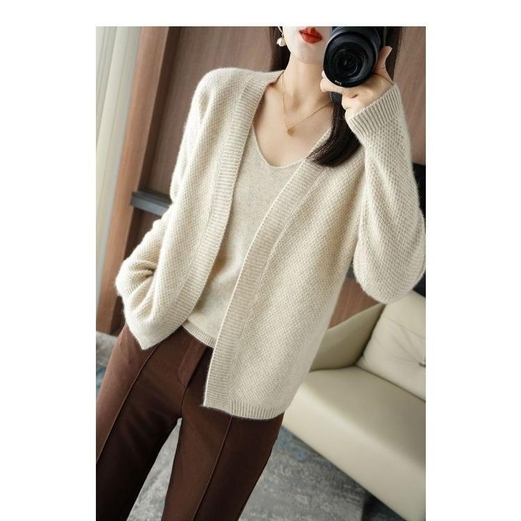 Two Piece Set Women Solid Color Knit V Neck Sweater Cardigan Fashion Versatile Autumn Winter Outerwear