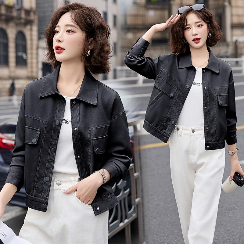 Short leather jacket women's spring and autumn new small temperament casual versatile lapel leather jacket