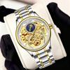 Gold Skeleton Automatic Mechanical Watch for Men Stainless Steel Moon Phase Luminous Diamond Hollow Watch