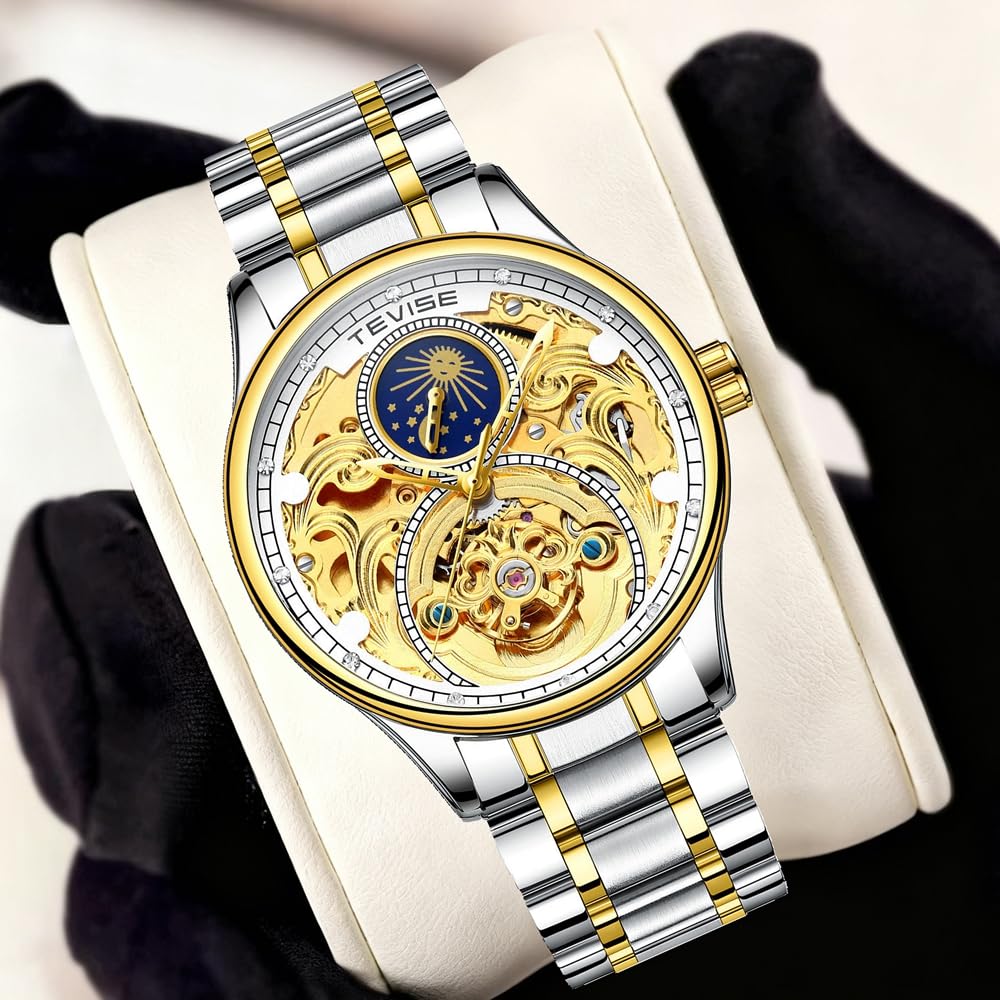 Gold Skeleton Automatic Mechanical Watch for Men Stainless Steel Moon Phase Luminous Diamond Hollow Watch