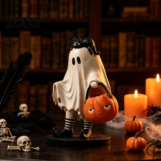 Niedliche Geisterstatue Statue, Schwarze Katze aus Harz mit Kürbis-Eimer Ornament, Halloween-Dekorationsfigur für Zuhause, Feier, Tisch, Kaminsims
