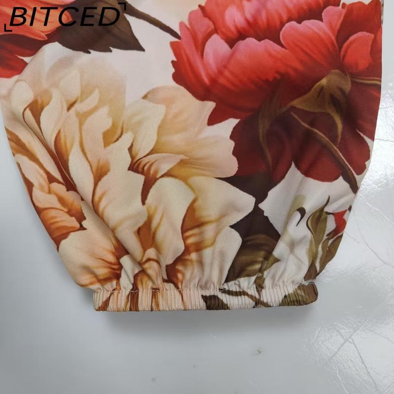 BITCED Summer Women's Outerwear: Fashionable and Elegant Printed Tie-Front V-Neck Full-Skirted Dress