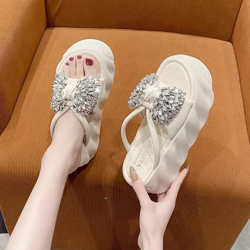 8.5CM Women Summer High Platform Sandals Glitter Slides Crystal Butterfly-knot Shoes Woman Pantofle Soft Beach Slides Zapatos